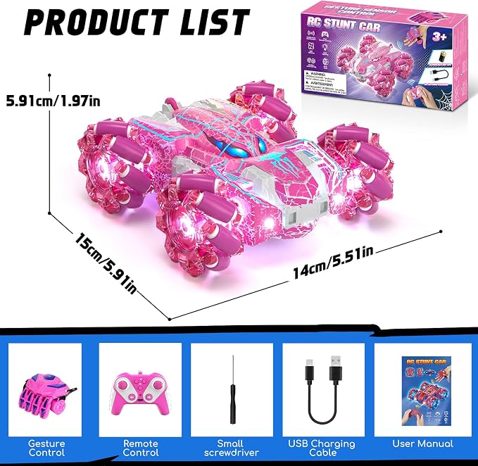 Spider Toys for Girls 4 5 6 7 8 9 10 11 12, Gesture Sensing Remote Control Car, Double Sided RC Cars with Full-Body Light, 2.4GHz Hand Controlled Rechargeable RC Stunt Car