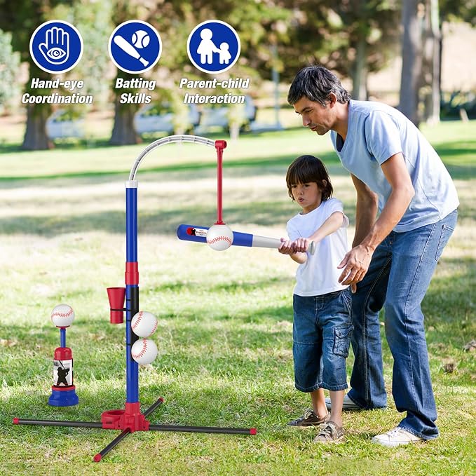 HYES 4 in 1 T Ball Sets for Kids 3-5 with Toss and Catch Ball Set, Hanging Tee Stand with Auto Pitching Machine/ 2 Bats, Indoor Outdoor Toys Birthday Baseball Gifts for Toddler Boys Girls, Blue
