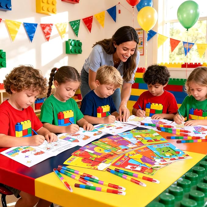 BenLouis 24 Pcs Building Block Mini Coloring Books Kids Geometric Shapes Party Favors Small Activity Books Bulk for Kids Building Birthday Goodie Bags Stuffers Return Gifts Classroom Travel