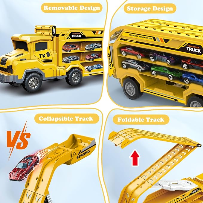 Toddler Car Truck Toys,Car Carrier Trucks for Kids Age 3-5 4-8,Foldable Car Track Sets with 2.8-Ft Race Track and 6 Die-Cast Race Cars, Truck Toys Gifts for 3 4 5 6 7 8+ Year Old Boys Girls(Yellow)