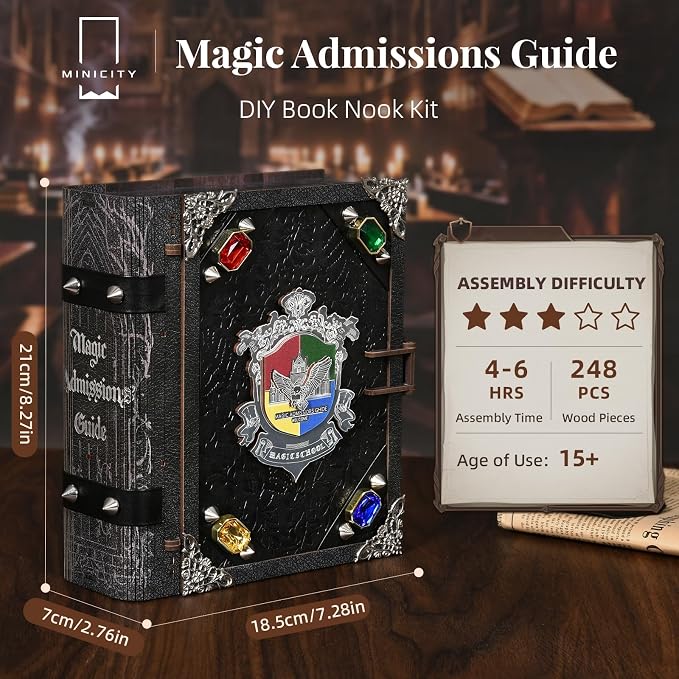 MiniCity DIY Book Nook Kits for Adults, Miniature Dollhouse Booknook Kit, 3D Wooden Puzzle Creative Decorative Bookends Bookshelf Diorama Insert Crafts Hobbies Gifts (Magic Admissions Guide)