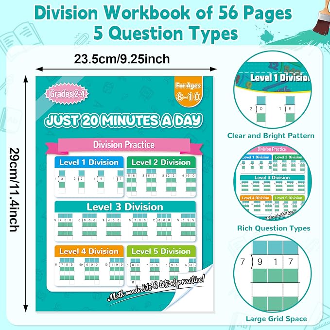 56 Pages Math Worksheets Division Practice Math Problem Workbook for 3rd 4th 5th Grade Students Age 7 8 9 10 11 Yeas Old Kids Early Childhood Education Materials Double & Triple Digit Division-Level 6