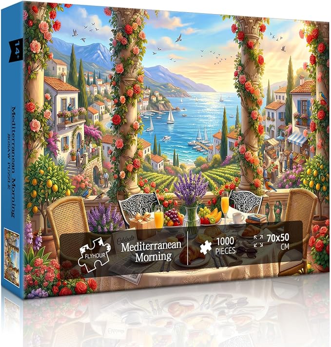Mediterranean Morning Puzzles for Adults 1000 Pieces,Challenging Jigsaw Puzzles for Adults,Difficult Impossible Puzzle for Family Game Night,Recycled Paper Jigsaw Puzzle,Gifts for Boys Girls
