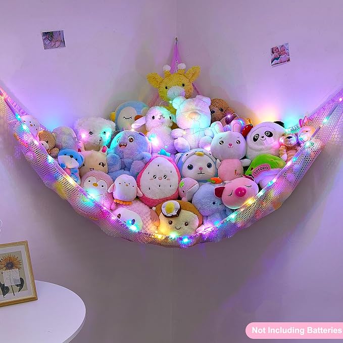 Stuffed Animals Net or Hammock Kids Toy Storage Organizer with LED Light Unicorn Castle Hanging Corner Stuffed Animals Holder Kids Girls Room Decor (Pack of 1)