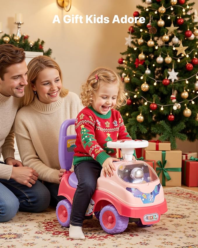 VEVOR Ride On Toddler Push Car, Push Car for Toddler 19 to 36 Months, Kids Ride On Toy with Horn & Music, 48.5 lbs Load Capacity, Under-seat Storage, Foot-to-Floor Walker for Toddlers Boys Girls, Pink