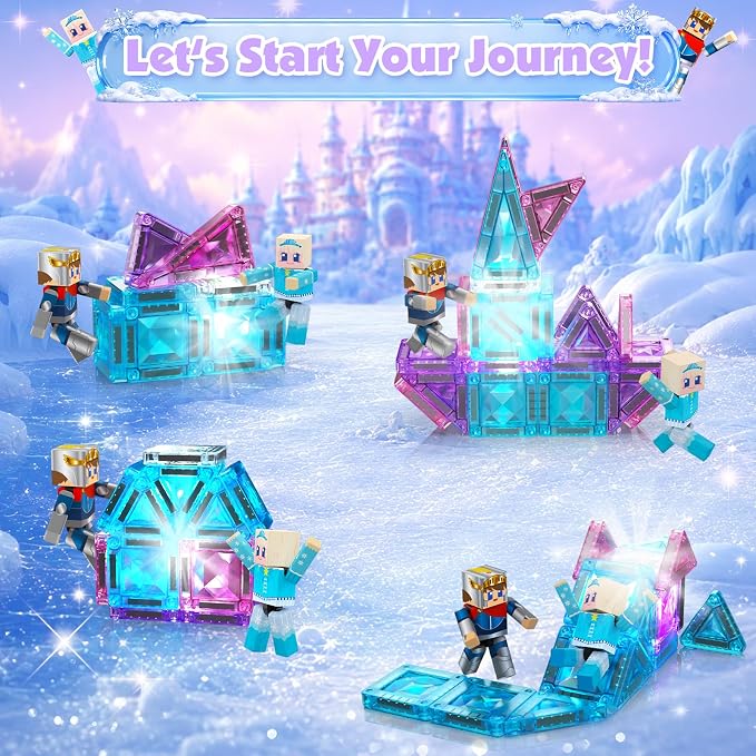 Mini Magnetic Tiles with 2 Little Action People, Light Up Frozen Tiles with Magnetic Action Figures for Princess Castle, Micro Magnet Portable Travel Toys for Kids, STEM Building Gifts for Boys Girls