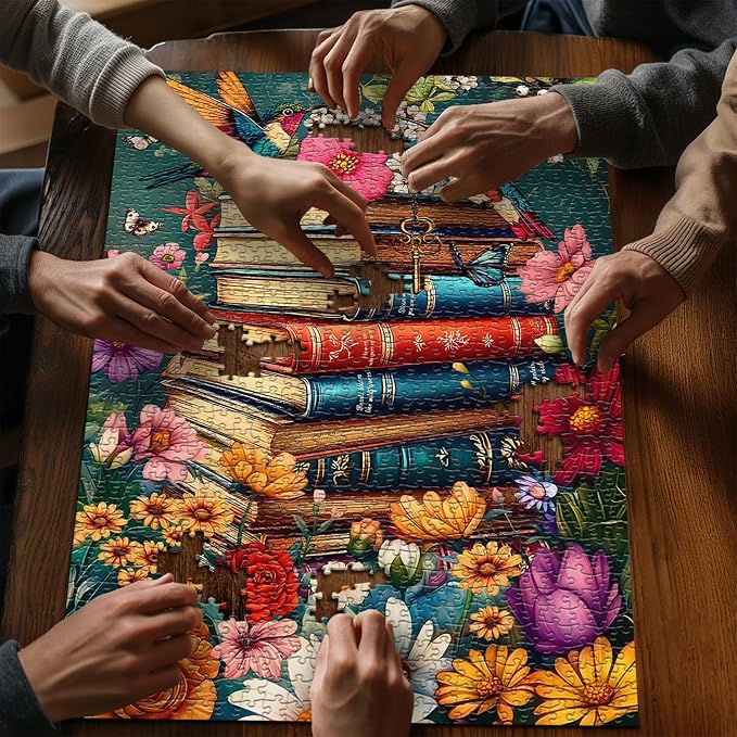 PICKFORU Wildflower Pages Jigsaw Puzzle for Adults, Hummingbird Vintage Book Puzzles, Retro Plant Flower Puzzle 1000 Pieces
