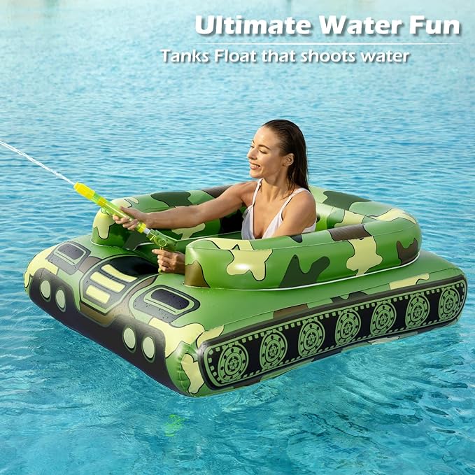 Inflatable Tank Pool Floats Adults - Jasonwell Kids Pool Floaties Swimming Pool Tank with Water Cannon Gun Swim Floaty Rafts Lake Beach Party Pool Toys for Boys Girls Kids Adults Green