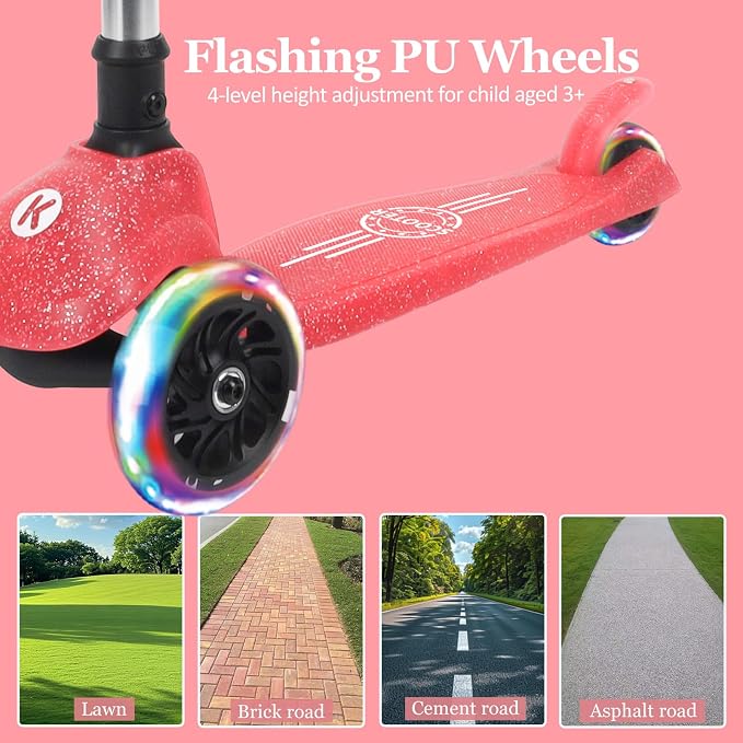 Kicknroll Kids Scooter Light Up 3 Wheel Toddler Kick Scooters with Jelly Glitter Anti-Slip Deck and LED Wheels, 4 Adjustable Heights, Foldable, Lean-to-Steer Design for Girls & Boys 3-12 Max 110 Lbs