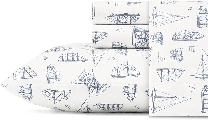 Nautica – Twin XL Size Sheet Set, Crisp Cotton Percale Bedding with Matching Pillowcase, Lightweight & Breathable Bed Sheets, Deep Pocket, College Dorm Room Essentials (Whitewood Sail Blue)