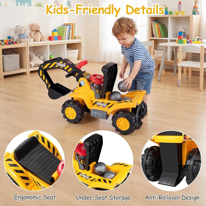 Costzon 3-in-1 Ride on Excavator Bulldozer, Kids Foot-to-Floor Push Car with Engine Sound & Under Seat Storage, Sit & Scoot Sliding Toy Construction Vehicle with Helmet & Vest for Aged 2+