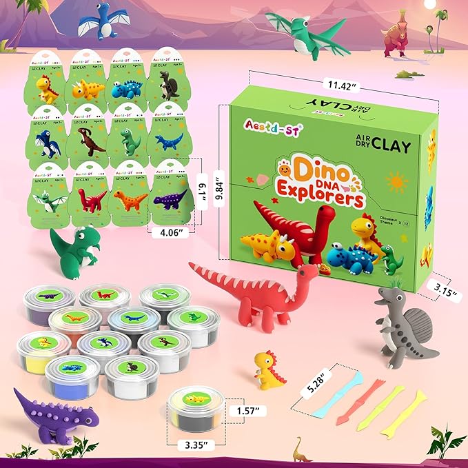 Air Dry Clay Kit - Dinosaur Theme, Modeling Clay for Kids, DIY Magic with Sculpting Tools and Tutorials, 12 Boxes Molding Clays, Ultra Light, Soft & Non-Sticky, Arts and Crafts Gift for Kids