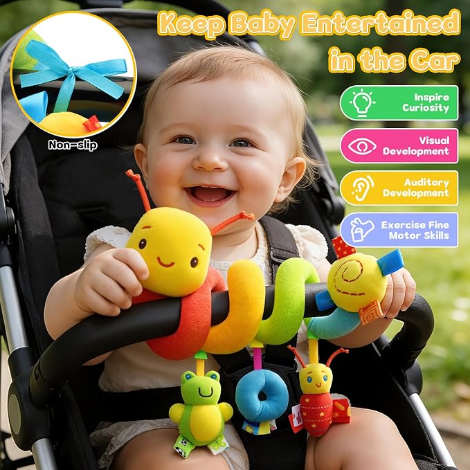 Car Seat Toys for Babies 0-6 Months, Hanging Carseat Toys for Infants 0-12 Months, Spiral Plush Caterpillar Sensory Stroller Toy with Rattles for Baby Essentials Newborn Boy Girl Shower Gifts