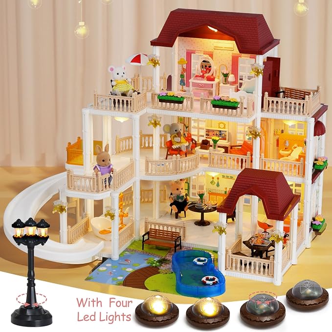 TUZT Doll House with 45 Pcs Furniture and Accessories, 3-Story with 4 Animal Dolls, Food Cooking Set, Warm Lights, Pool Slide and Movable Elevator, Pretend Play Dream Dollhouse for Girls 3+