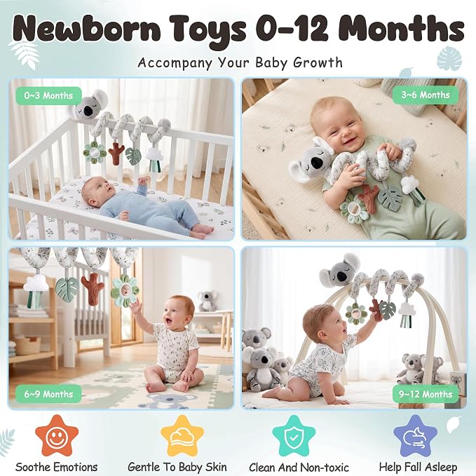 Stuffed Aesthetic Koala Spiral Car Seat Toys for Babies, Gender Neutral Infant Stroller Toy with Teether Hanging, Baby Registry Search Must Haves 0-6 Months