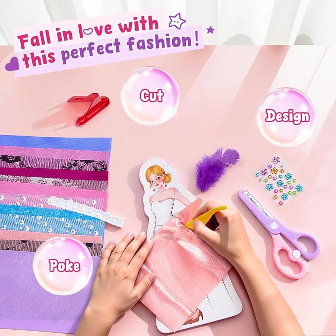 Poke-in Fashion Designer Kit for Girls, No-Sew DIY Craft Toys with 6 EVA Mannequins & Real Fabric, Safe & Non-Toxic Creative Dress Up Activity, Mess-Free Arts and Crafts Gift for Girls Age 5-12