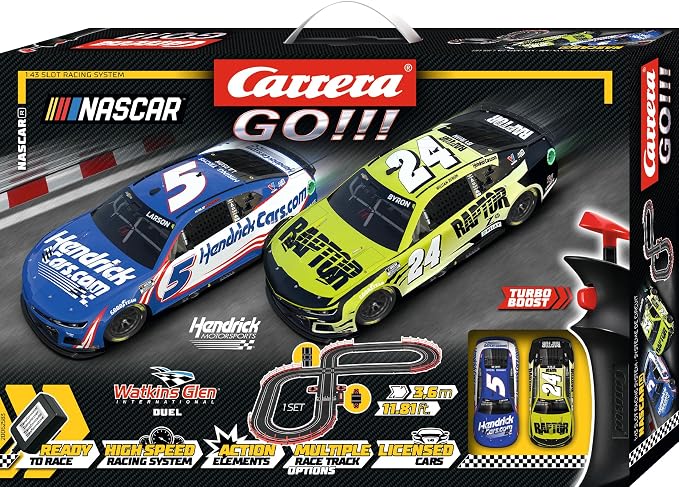 Carrera GO NASCAR Watkins Glen Slot Car Race Track Set – Larson & Byron | Official NASCAR toys racing set. Features 11.8-ft track, lap counter, junction track, Drivers Larson #5 & Byron #24
