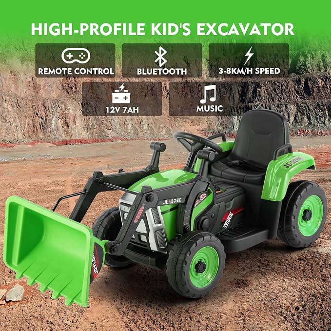 JOYLDIAS Ride On Excavator, 12V7AH Electric Car for Kids 3-8 W/2.4GHz Remote Control, Electric Construction Vehicle Bulldozer/Tractor for Kids Digger with 3 Speeds,Bluetooth,Music,Lights,Green