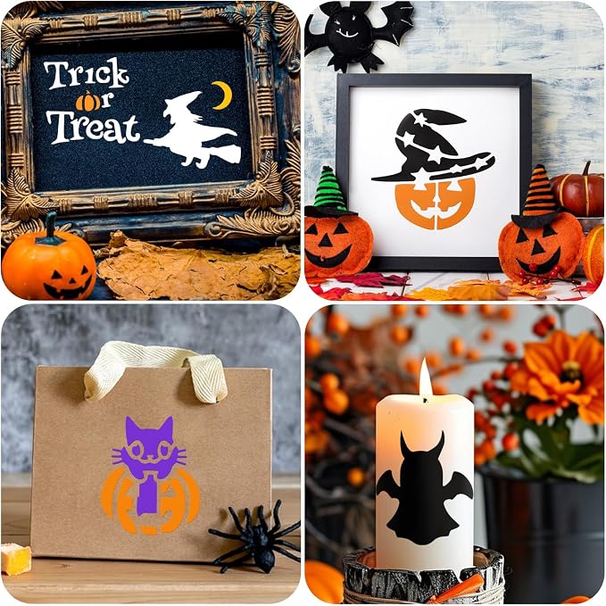 72 PCS 3x3 Inch Halloween Stencils for Painting - Pumpkin, Ghost, Bat, Spider Web Witch Skull Reusable Halloween Painting Templates on Wood, Glass, Fabric, Window Door Decor DIY Decoration