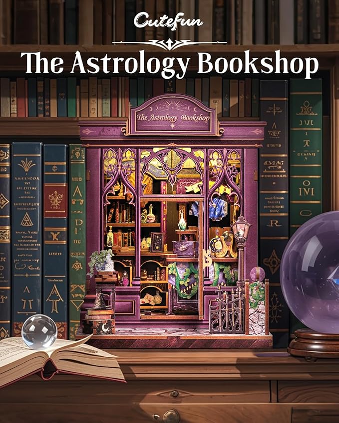 Cutefun Book Nook Kit - DIY Miniature Dollhouse Booknook Kit for Adults and Teens, 3D Wooden Puzzle Bookshelf Insert Decor with LED Light, Gifts for Book Lovers and Beginners (The Astrology Bookshop)
