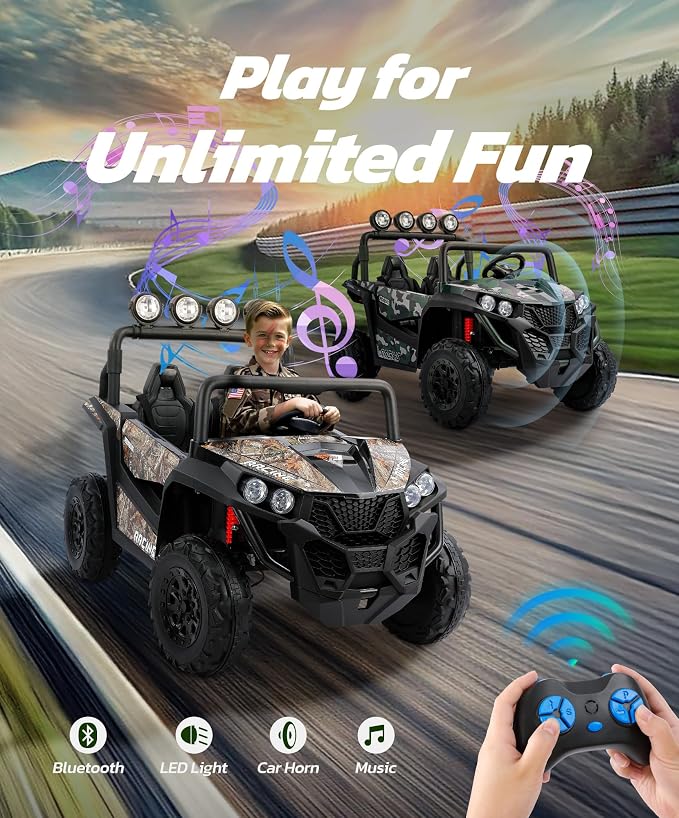 ELEMARA 2 Seater 24V Ride on Toys for Big Kids,4x4 All-Terrain Electric Vehicle,car Activities for Kids,car for Toddlers W/Parents Control,Wide Seat,Soft Start,Bluetooth,LED Light,Camouflage Black