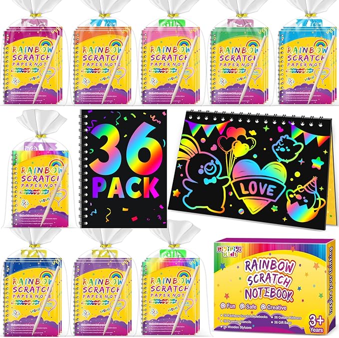 Party Favors for Kids 4-8-12: 36 Pack Scratch Rainbow Art Crafts Notebook, Coloring Book Goodie Bags Stuffers Kit, Bulk Birthday Gift Classroom Prizes Girl Boy Toddler