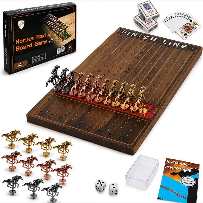 Jyquorp Horse Race Board Game Wooden Kentucky Derby Party Game Set with 11 Metal Horses, 2 Dice & 2 Card Decks, Large Solid Wood Horse Racing Board Game for Family & Adults (15.6" x 10")