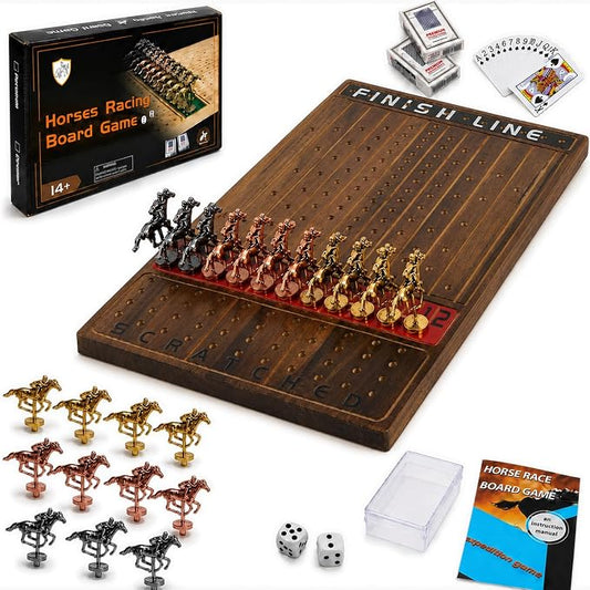 Jyquorp Horse Race Board Game Wooden Kentucky Derby Party Game Set with 11 Metal Horses, 2 Dice & 2 Card Decks, Large Solid Wood Horse Racing Board Game for Family & Adults (15.6" x 10")