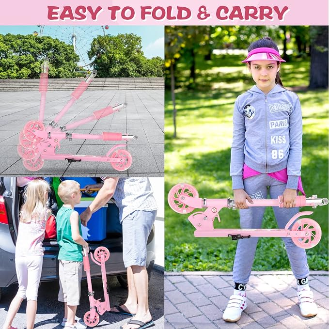 Scooter for Kids Ages 3-12 - Kids Kick Scooters with Led Light Up Wheels & 3 Levels Adjustable Handlebar, Lightweight Foldable 2 Wheel Girly Pink Scooter, Christmas Birthday Gifts for Girls Boys.