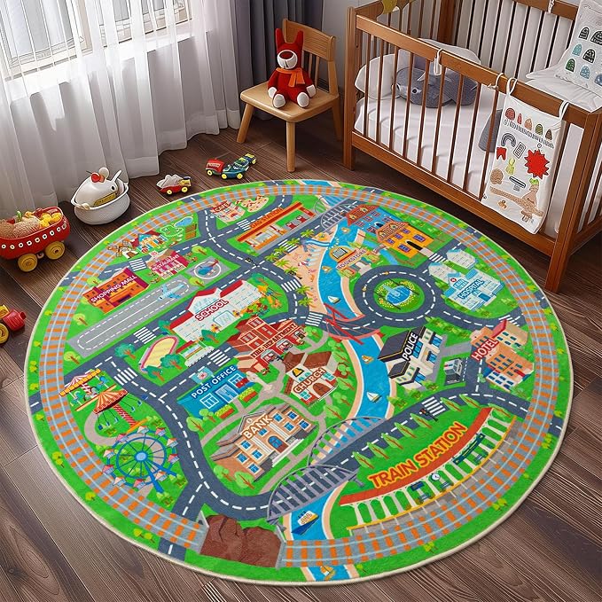 Car Rug Play Mat for Kids Toy Cars, Road Traffic Playmat for Kid Bedroom, Non-Slip Machine Washable Town City Race Track Carpet for Learn and Have Fun Round 72"