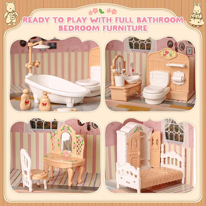 TUZT Suitcase Dollhouse Furniture Set for Kids, Mini Dollhouse Box with 2 Flexible Dolls and Bedroom&Bathroom Furnitures, Pretend Play Accessories Christmas Birthday Gift for Toddlers Ages 3+