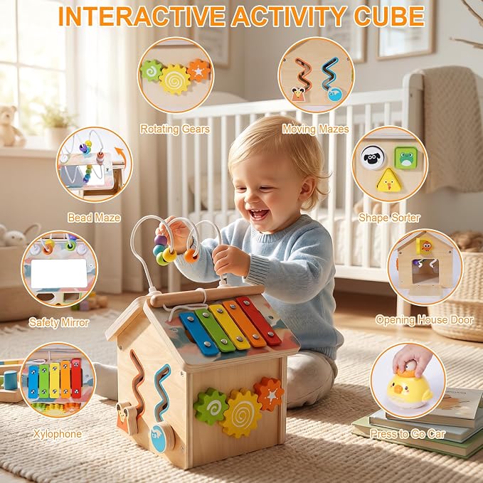 Wooden Activity Cube for Toddlers 1-3 with Press to Go Car Toy, Montessori Baby Educational Learning Toys for Kids, Multipurpose Infant Activity Center, for Girls Boys 1+ Year Old