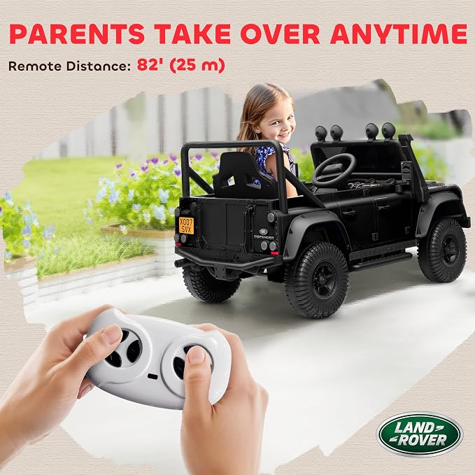 Qaba Land Rover 110SVX Licensed Electric Car for Kids, 12V Battery Powered Kids Ride On Car with Remote Control, Dual Motors, Spring Suspension, LED Lights, 3 Speeds Ride On Truck, Black
