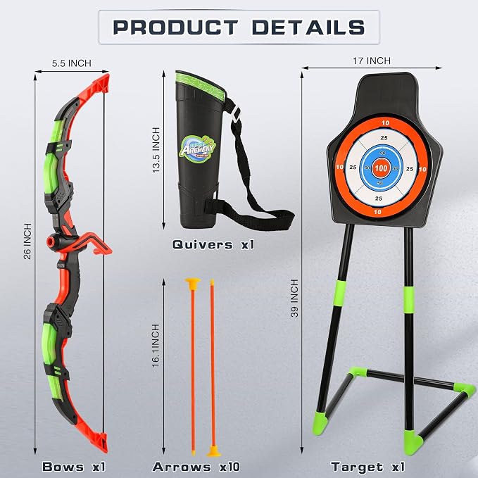 Bow and Arrow Set for Kids, 2 Pack LED Light Up Archery Set with 20 Suction Cup Arrows, Indoor and Outdoor Toy for Boys Girls Age 4-8 8-12 with Standing Target&2 Quivers, Birthday Gift 3-12 Years Old