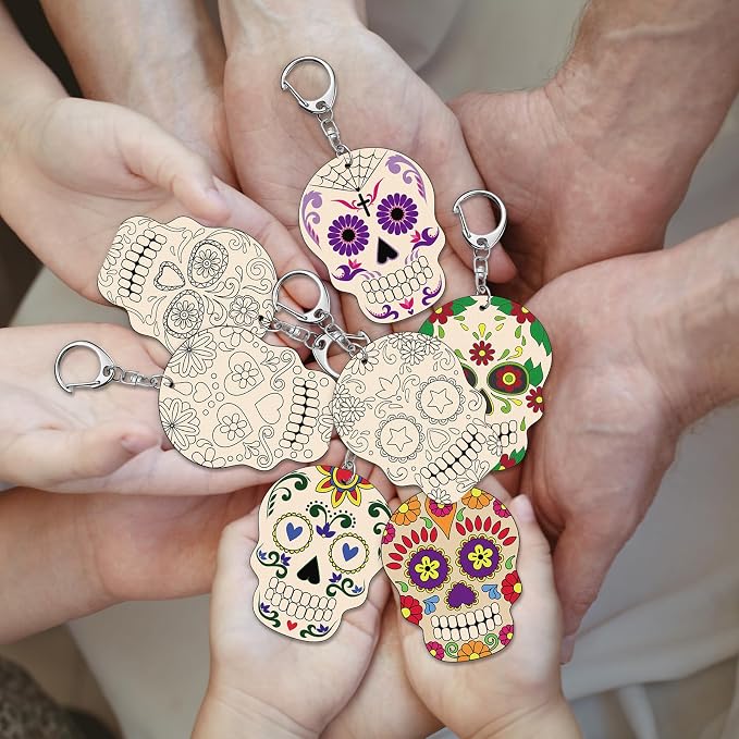 Trnayi 36 Pcs Day of The Dead Unfinished Wooden Keychains for Kids Color Your Own Unfinished Wooden Crafts Blank Wood Painting DIY Crafts for Home Activities Arts Project Decoration