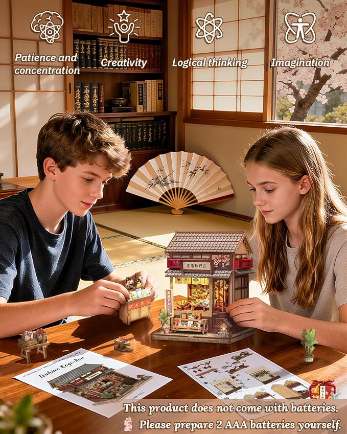 Book Nook Kit - DIY Miniature Japanese Fan House, 3D Wooden Puzzle Dollhouse with LED Lights, Tiny Bookend & Creative Bookshelf Decor, Crafts Gifts for Adults