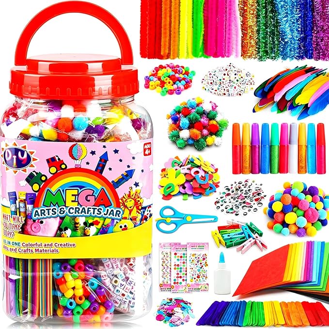 FUNZBO Arts and Crafts Supplies for Kids -Toddlers Craft Kit with Glitter Glue Stick, Pipe Cleaners, Popsicle Sticks, Pompoms & Stickers, Homeschool Supplies, Toys Crafts for Girls Age 4+