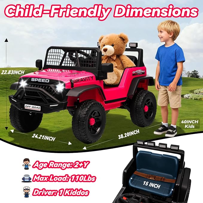 24V Jeep Power Wheels w/Remote Control, 4WD Ride on Truck Car, 3 Speed, Bluetooth Music, Wide Seat, Spring Suspension, LED Light, Birthday for Boys Girls Toddler (Rosered)