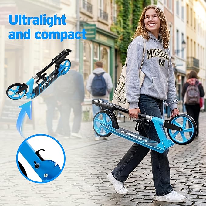Scooter for Kids Ages 6+, Teens & Adults, Max Load 240 LBS, Foldable Kick Scooter with 8-inch Big Wheels, Kickstand, 3 Adjustable Levels, Rear Brake,