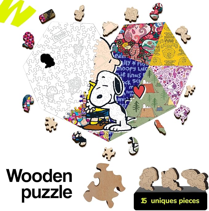 Peanuts Snoopy Wooden Puzzles for Adults – Unique Heart Shaped Sweet Hugs Jigsaw Puzzles, Collectible Decor for Women & Snoopy Lovers, Officially Licensed, 200 Pieces 5mm Thick, 13.5" x 9.6"