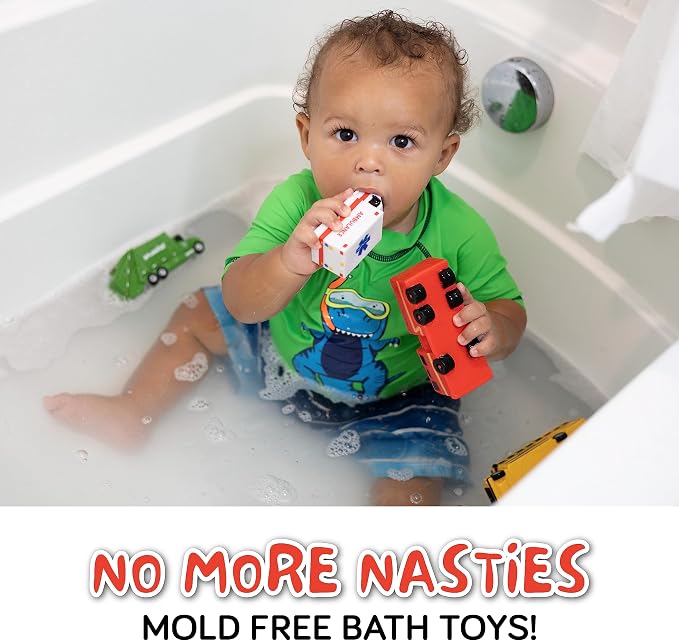 SplashEZ Mold Free Baby Bath Toys, No Hole Bath Toys for Toddlers, Bathtub 6-Pack Cars Set for Kids, No Mold Floating Water 6 Vehicles Set for Pool, BPA-Free Safe Fun, Infant Ages 1 3 6 12 18 Mo
