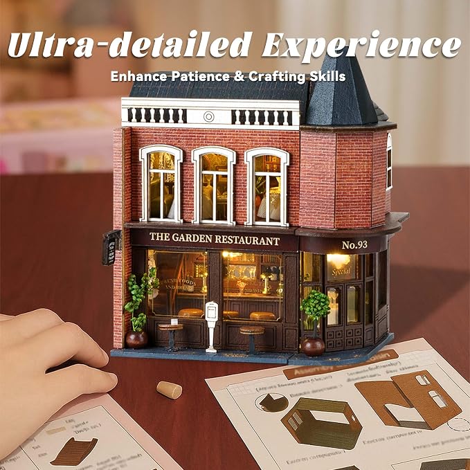 Flever Dollhouse Miniature DIY House Kit Creative Room with Furniture for Romantic Valentine's Gift (Corner Restaurant)