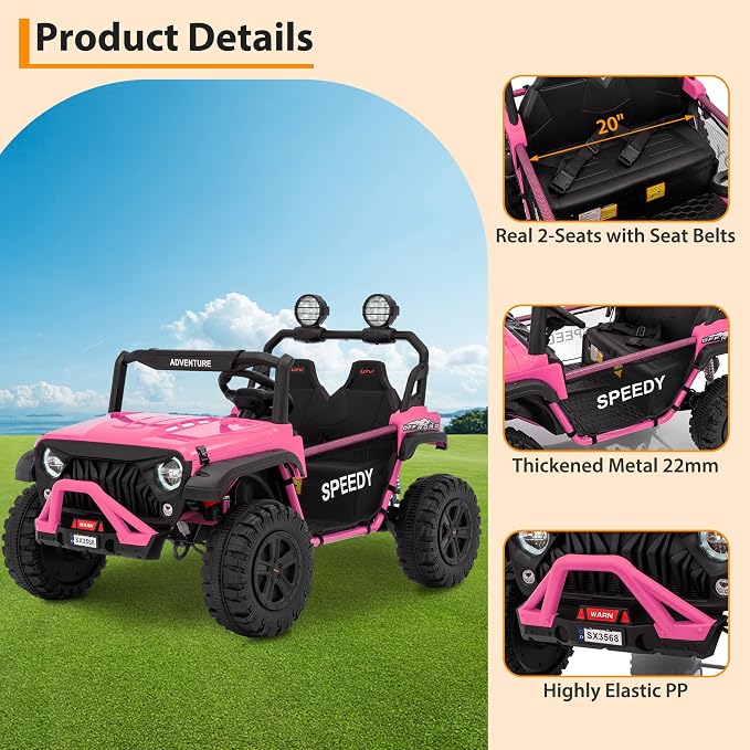 24V Ride on Car for Big Kids, Iron 2 Seater Ride on Toy, Fast 4.97MPH Truck, 4WD Kids Electric Vehicles with Remote Control, Spring Suspension, Front & Behind LED Lights, Dual Storage, Music,