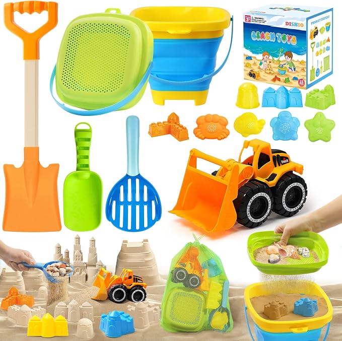 Collapsible Beach Sand Toys for Kids, Sandbox Toys Includes Bucket, Sand Shovel, Beach Sifter, Castle Molds, Toddler Beach Toys with Mesh Bag, Summer Travel Outdoor Beach Essentials for Kids Girls