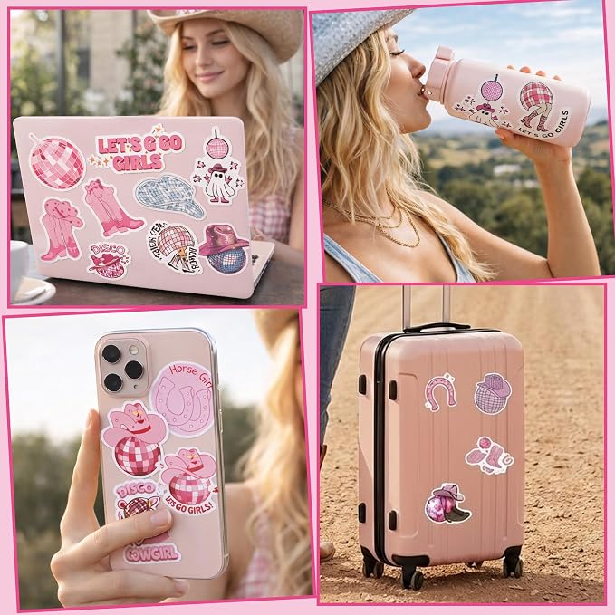 QTL Pink Disco Cowgirl Stickers for Girls Teens, Western Cowgirl Party Supplies, Waterproof Vinyl Stickers for Water Bottles and Laptop, 50PCS