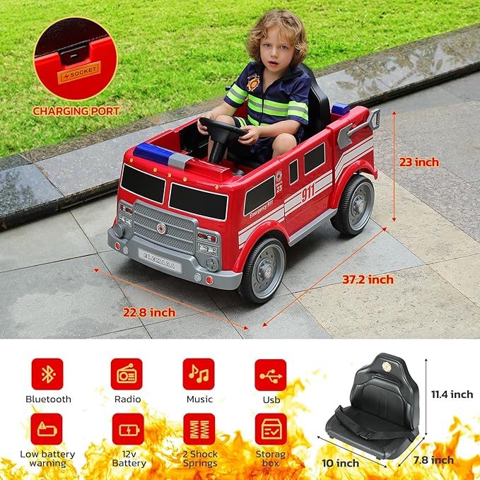 ELEMARA 12V Ride on Fire Truck, Electric Ride on Car for Kids,Battery Powered Toddler Car w/Parent Remote Control,Siren-Call,walkie-talkies, Flashing Lights,Fire Extinguishers, Bluetooth,Music,UBS.