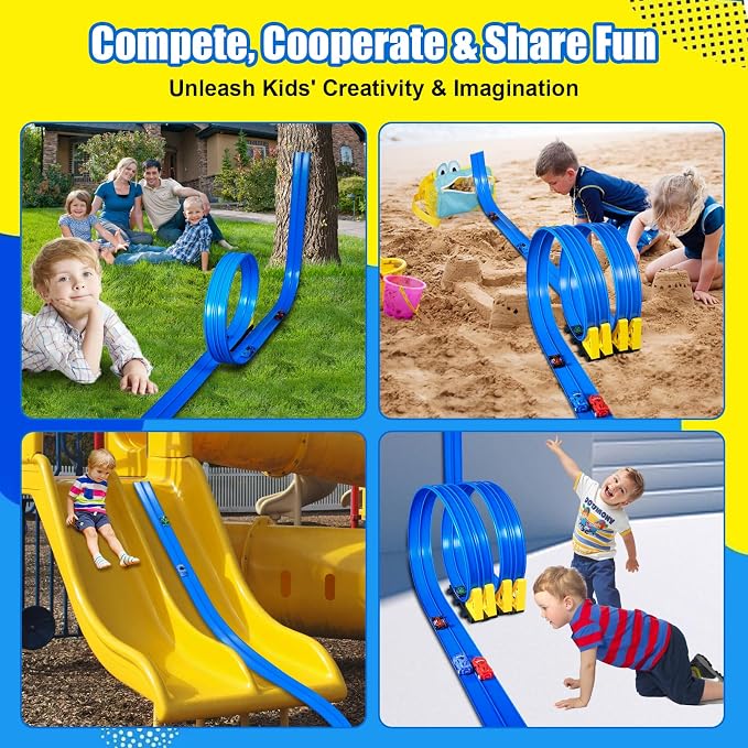 15 Ft Flexible Race Track for Kids 3+, Flexible Car Track Race Car Ramp Track Compatible with Hot Wheels and Diecast 1/64th Cars, Portable Rolls Up Race Tracks with Strong Suction Cups (Red)