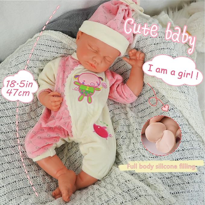 Girl 18.5 Inch, Reborn Baby Dolls Silicone Full Body, Full Silicone Baby Doll, Realistic Baby Dolls, Newborn, Not Vinyl, with Gift Box