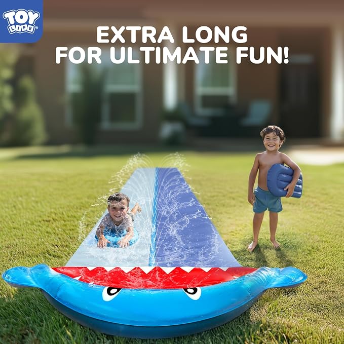 TOY Life Giant Shark Water Slides for Kids 20Ft Waterslide Backyards Lawn with 2 Bodyboards, 2 Lane Slip Splash and Slide Summer Toys with Built-in Sprinkler for Backyard Outdoor Shark Water Toys Fun