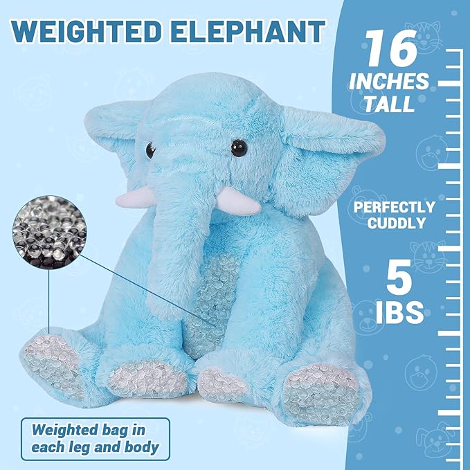 JellyMallow Elephant Weighted Stuffed Animals 5 lbs 16 inches Blue, Large Weighted Elephant Plushie Cuddly Pillow Gift for Kids & Adults